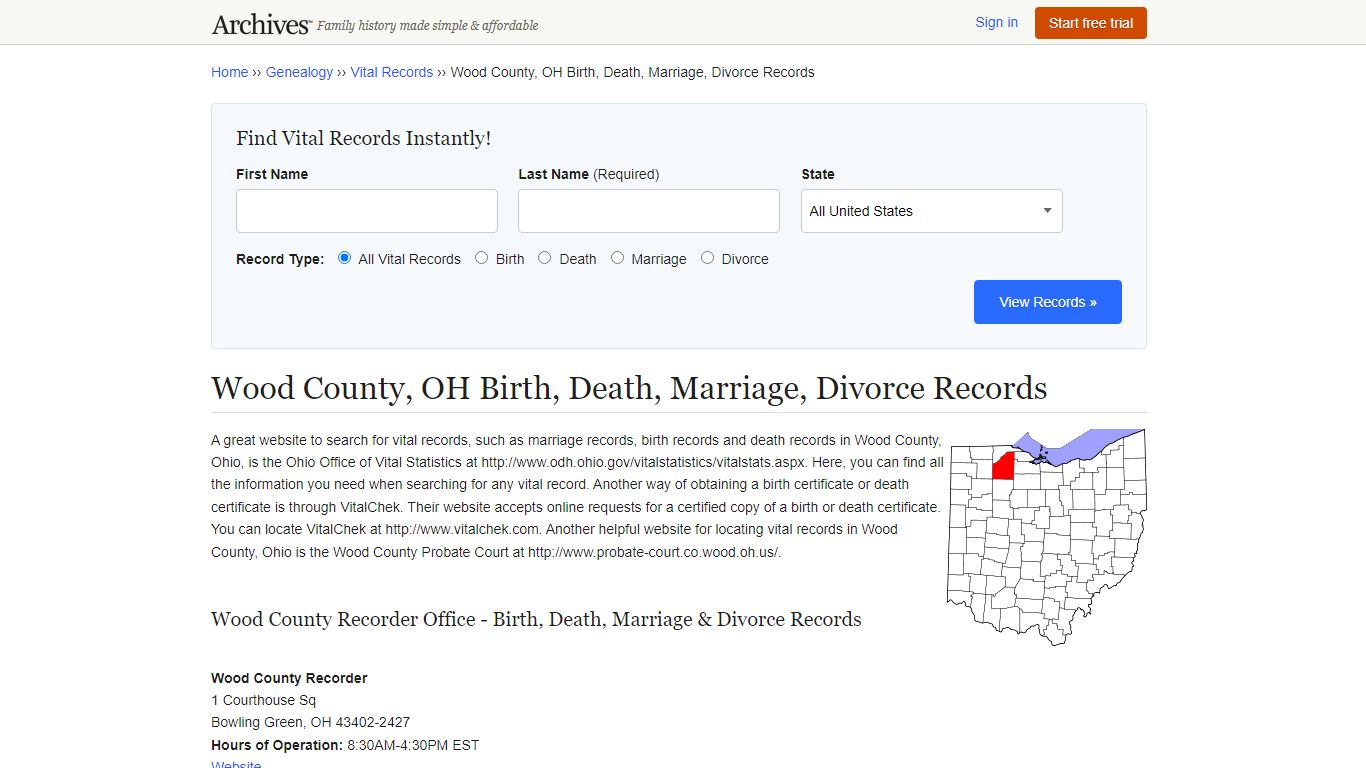 Wood County, OH Birth, Death, Marriage, Divorce Records - Archives.com